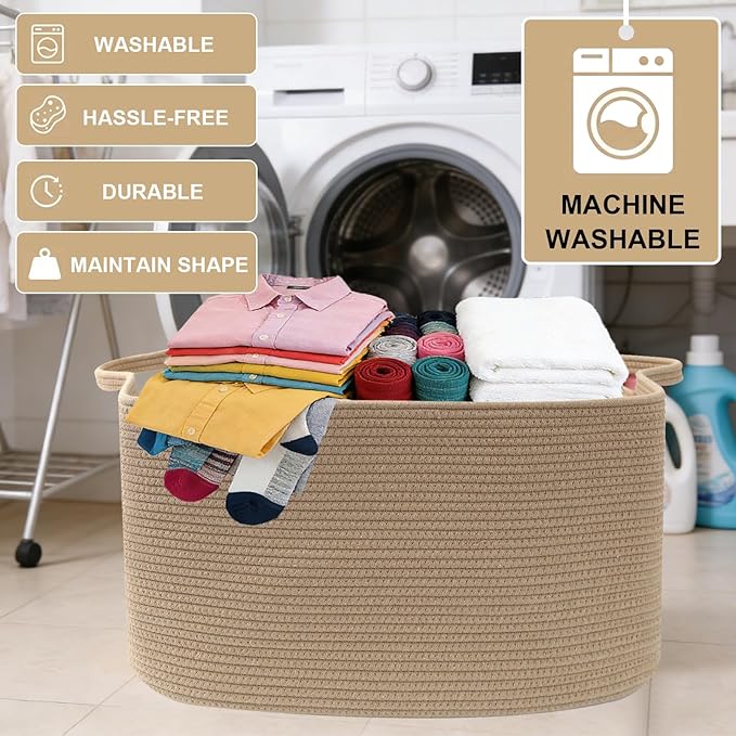 65L Large Blanket Basket,21"x16"x12" Rectangle Storage Bin with Handles,Woven Rope Laundry Basket for Toys, Clothes,Pillows,M