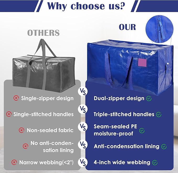 6 Pack Moving Bags with Full-Open Side Zipper, Extra Large 93L Heavy Duty Waterproof Foldable Storage Totes for College Dorm,