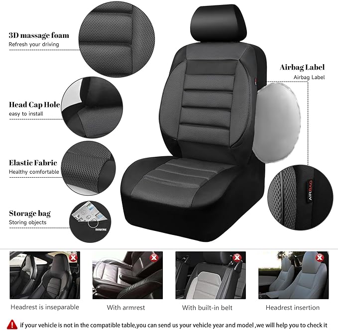 CAR PASS Leather 3D Foam Back Support Car Seat Covers Full Set Air Mesh Automotive Seat Covers, All Season Car Seat Cover Fit