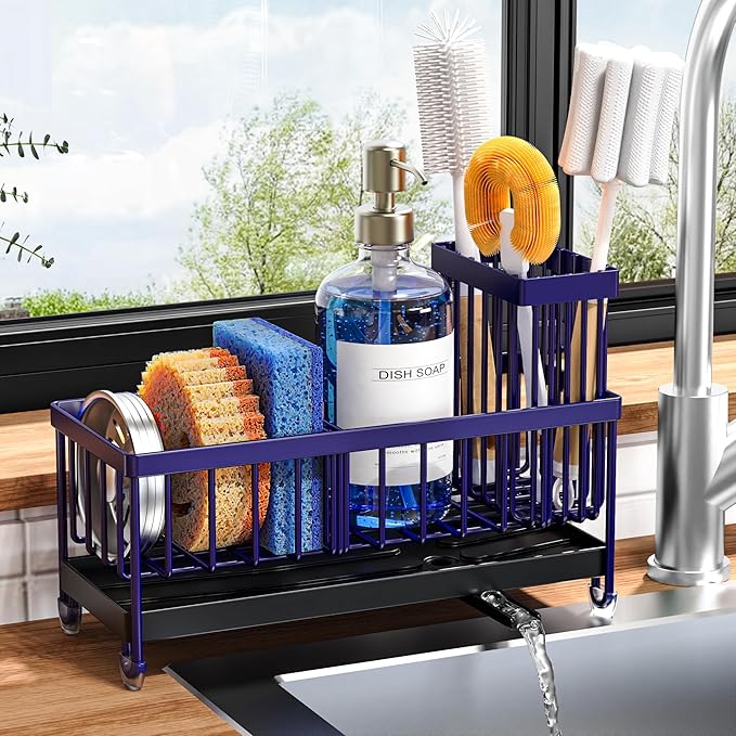 Cisily Sponge Holder for Kitchen Sink, Sink Caddy Organizer with High Brush Holder, Kitchen Countertop Organizers and Storage
