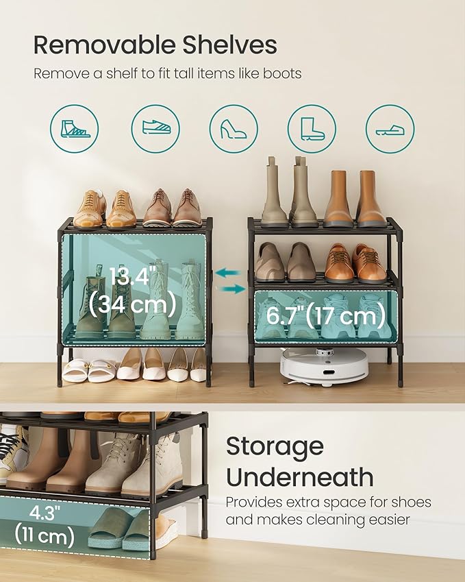 SONGMICS 3-Tier Shoe Rack for Closet, Compact Metal Shoe Organizer Shelf for Entryway, Bedroom, Small Spaces, Stackable, 11.8