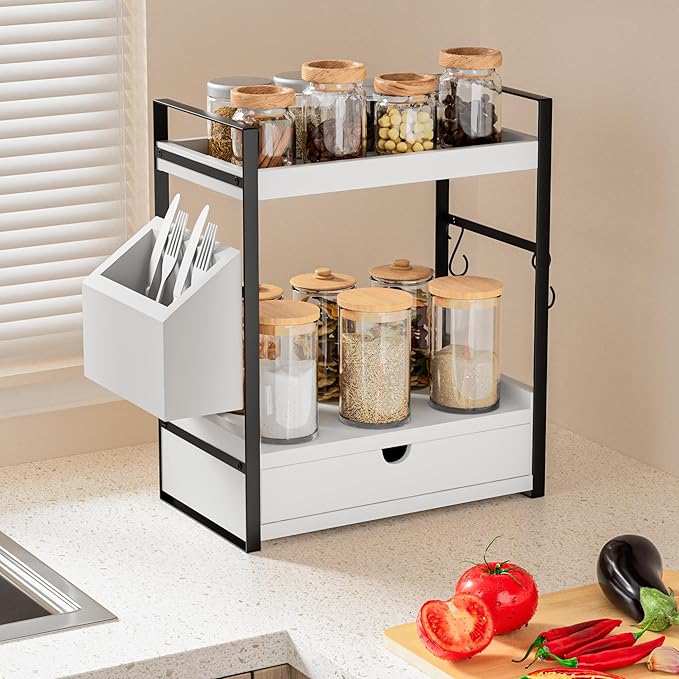 2-Tier Bathroom Counter Organizer with Drawer and Basket, Wood Countertop Organizer for Storage, Skincare Organizers for Vani