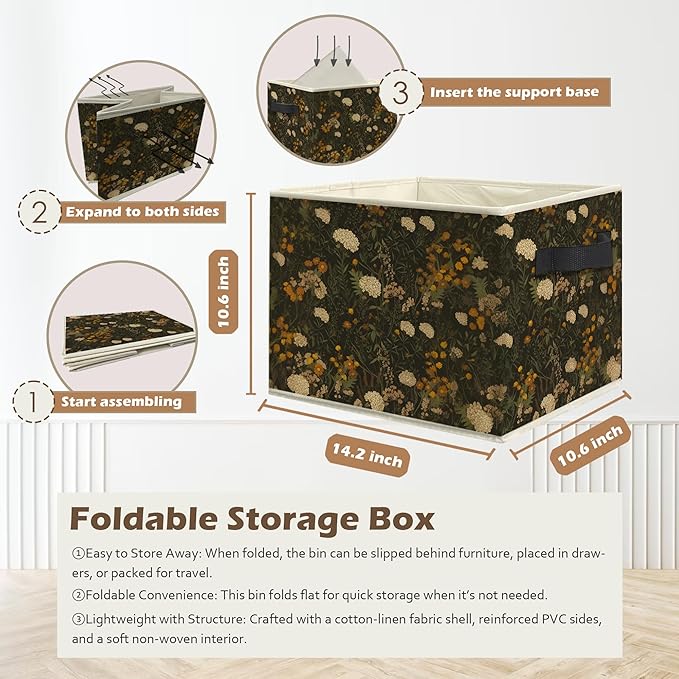 Vintage Rustic Floral Storage Box Bins, Dark Cottagecore Wildflower Collapsible Storage Basket Organizer for Bedroom Laundry 