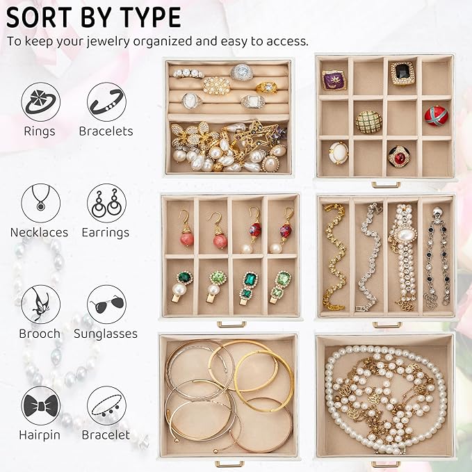 AKOZLIN 6-Tier Jewelry Box Lockable Leather Jewelry Storage Case with 5 Drawers for Women Girls Ring Necklace Earring Bracele