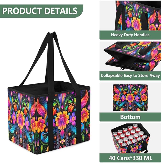 Colorful Mexican Floral Reusable Grocery Bags Large Shopping Tote Bag with Reinforced Bottom Board, Water Resistant Foldable 