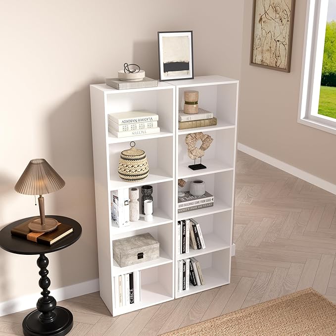 Wooden 5 Cube Storage Organizer, White 5 Tier Bookcase Bookshelf Freestanding Storage Display Organizer, Versatile Cubes Open