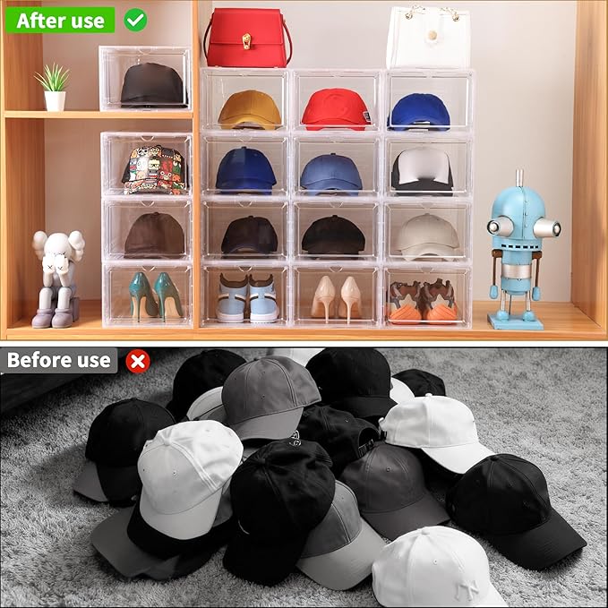 Attelite Upgrade Harder Solid Plastic Hat Organizer for Baseball Caps, 8 Pack Stackable Hat Storage Box with Clear Magnetic D