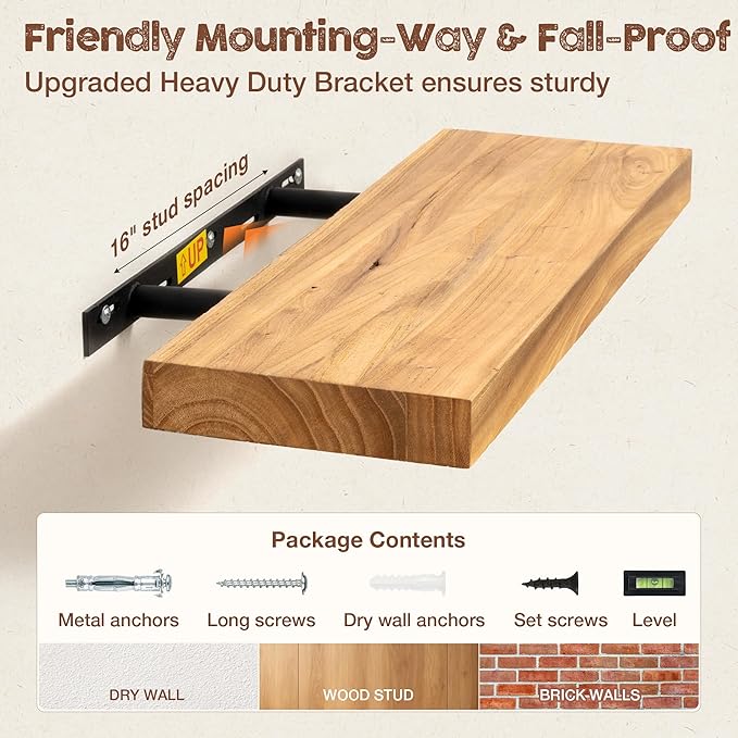 fuqing Floating Shelves for Wall, 40 inch Rustic Solid Elm Wood Floating Shelves, Wooden Wall Shelves with Invisible Heavy Du