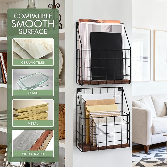 Mail Holder Magazine Basket - 1 Pack Black Wall Mount File Organizer Rack of Wooden Style with Adhesive Mounting - Metal Wire