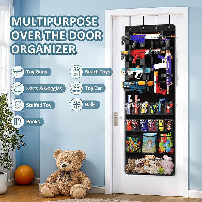 Over Door Toy Gun Storage, Hanging Organizer for Toy Guns, Hanging Toys Organizer with Pockets, Hook&Loop Straps for Foam Bla
