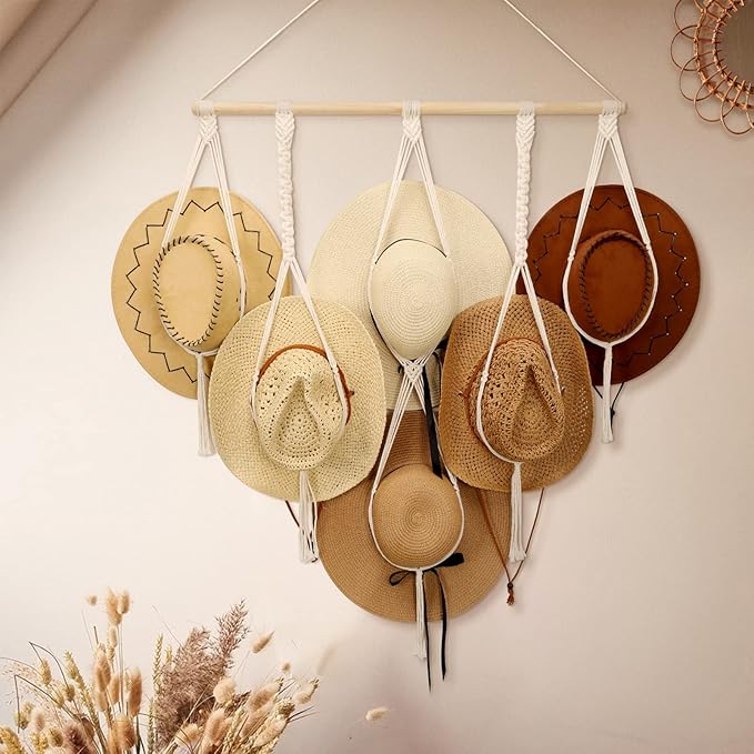 ZYP Macrame Hat Hanger Boho Hat Rack for Wall Hat Holder Display Organizer Bobo Hanging Hat Organizer Storage for Wide Brim H