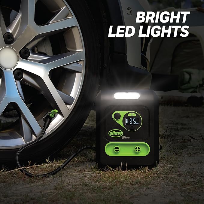 Slime 40085 Tire Inflator, Cordless, Multi-Purpose, Portable Air Compressor Pump, Auto Shut-Off, Lithium Ion Battery and LED Light, Rechargeable, 6 min Inflation