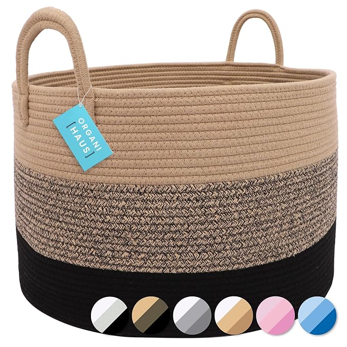 OrganiHaus Large Woven Storage Basket for Blankets and Toys 20" x 13" Inch, Rope Laundry Basket with Handles, Cushions & Pill