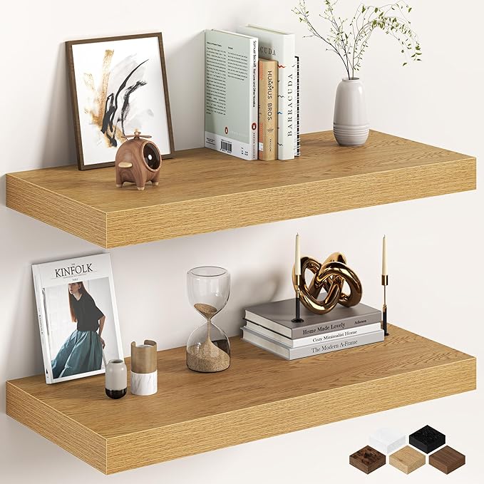 30Inch Oak Floating Shelves for Wall, 12 Inch Deep Shelves for Bedroom, Kitchen, Bathroom Wall Mounted, Rustic Wood Floating 