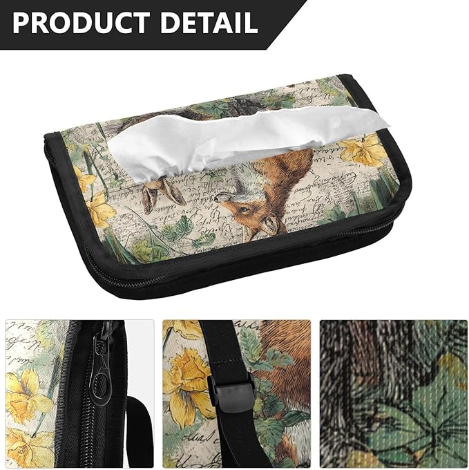 Car Tissue Holder Car Visor Organizer Tissue Box Holder for Car Sun Visor Organizer with Car Vehicle Accessories Essentials Interior for Women Men Beige Bunny Fox Daffodils