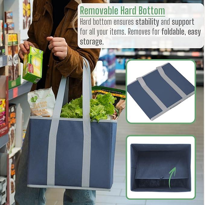 VENO 3 Pack Reusable Grocery Bags, Shopping Bags for groceries, Utility Tote with Handles and Hard Bottom, Foldable Shopping Cart Organizer, Heavy-Duty (Dark Blue, 6 Gallon-3 Pack)
