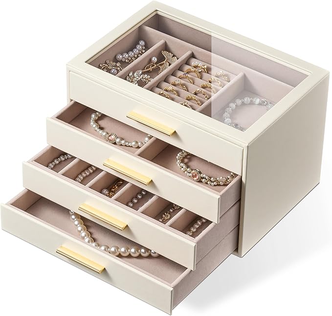pickpiff Jewelry Box Organizer Case for Women: 4-Layer Jewelry Storage Case with Glass Window, Ivory Leather with Pink Velvet
