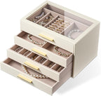 pickpiff Jewelry Box Organizer Case for Women: 4-Layer Jewelry Storage Case with Glass Window, Ivory Leather with Pink Velvet