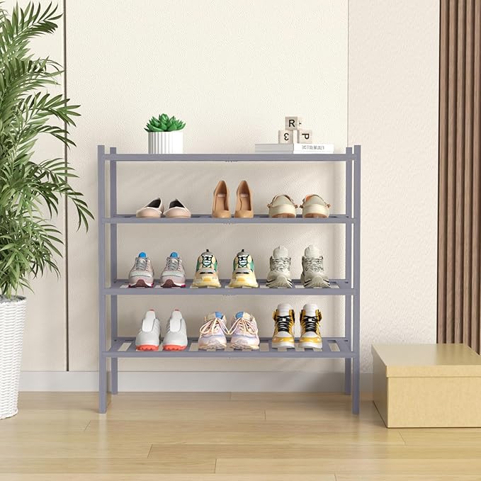 ROMGUAR CRAFT 4 Tier Bamboo Shoe Rack for Closet Free Standing Wood Shoe Shelf for Entryway Small Space Stackable 27"x11"x26"
