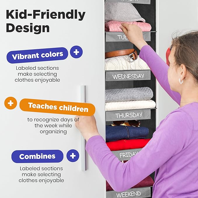 Handy Laundry Hanging Clothes Organizer for Kids - 6-Shelf Closet Daily Clothing Organization Labeled Shelves with Days of Th