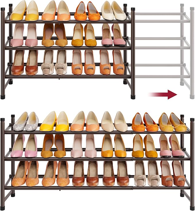 Tajsoon 3 Tier Expandable Shoe Rack for Closet, 28“-41“Adjustable & Stackable Shoe Shelf Storage, Metal Shoe Rack Organizer f