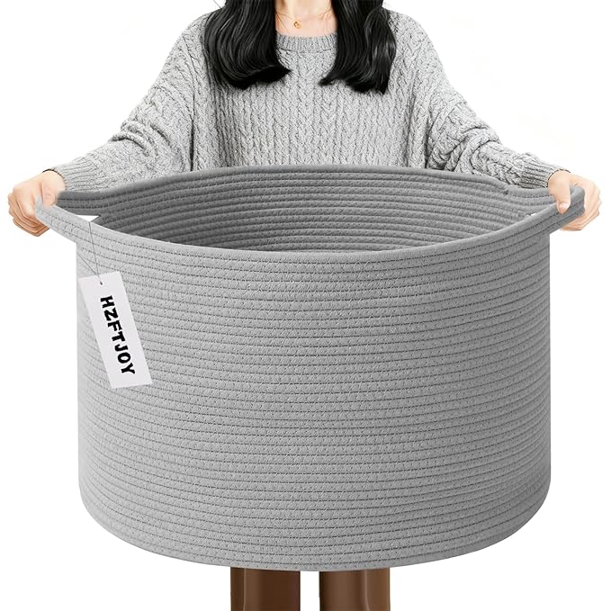 90L Extra Large Blanket Basket,Rope Woven Storage Basket with Handles, Laundry Hamper for Toys, Clothes, Pillows & Towels, Pe