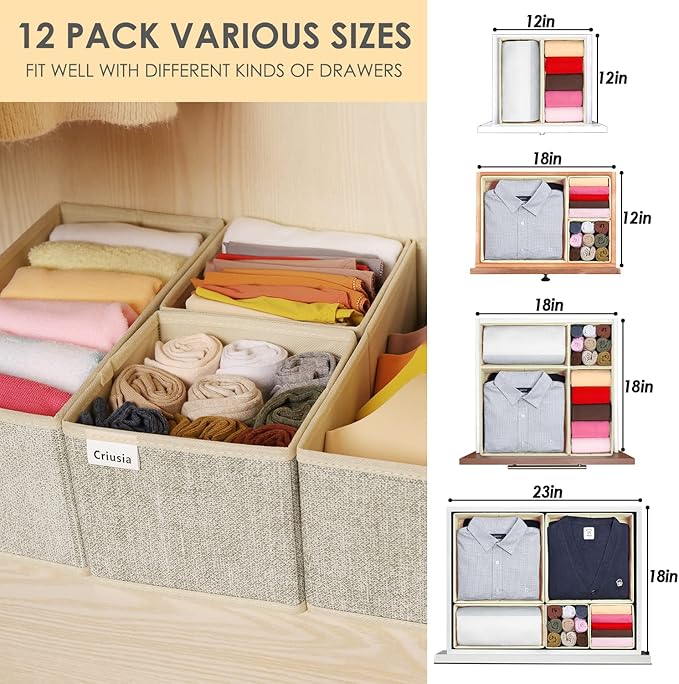 12 Pack Drawer Organizers for Clothing, Foldable Clothes Storage Box Closet Dresser Drawer Organizers Dividers, Bedroom Organ