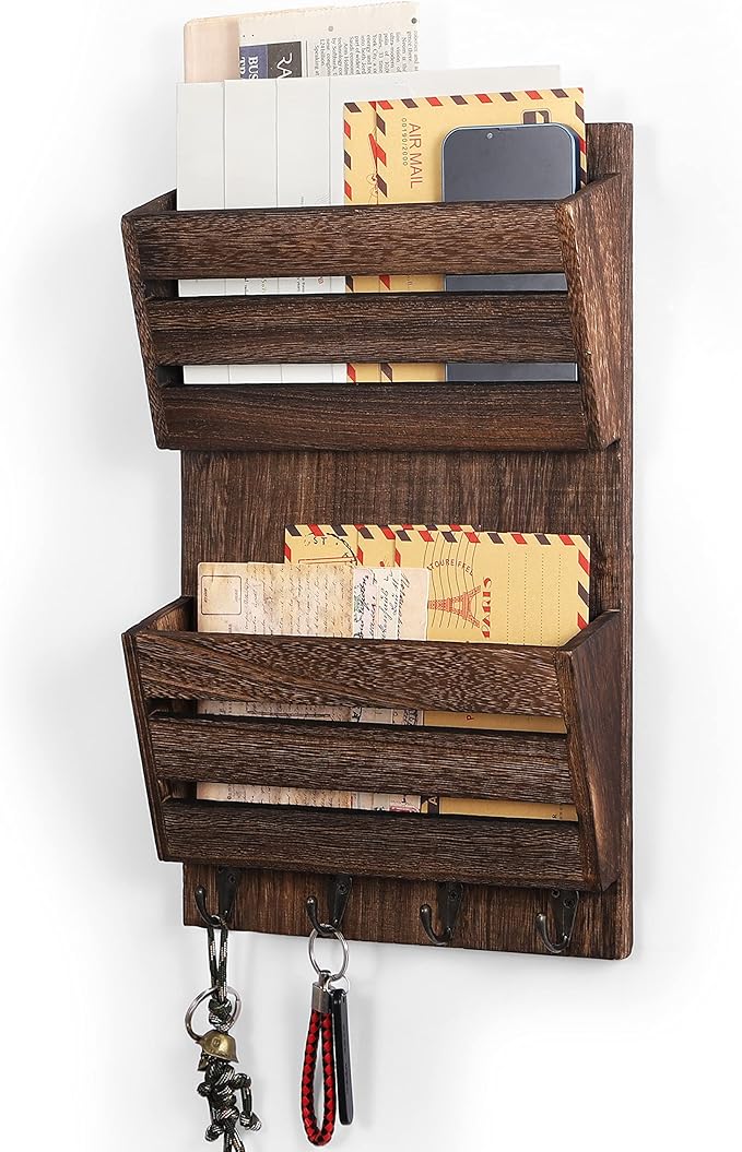 MOOACE Mail Organizer Wall Mount with Key Hooks, 2-Slot Wood Mail and Key Holder, Wall File Organizer Office Letter Folder Ac