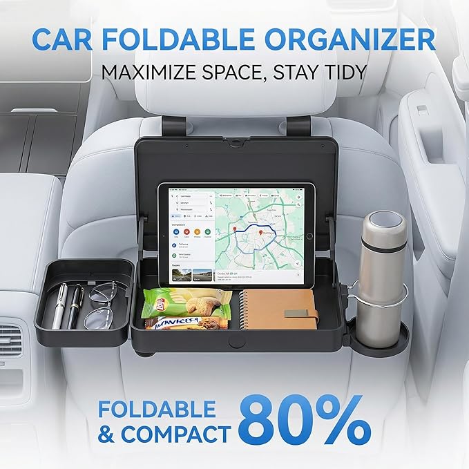 Car Back Seat Tray Table - Foldable & Adjustable Travel Desk for Eating, Working, Gaming | Sturdy Plastic Snack Lap Tray for Adults | Fits SUV, Sedan, Minivan (Folding Storage Box)