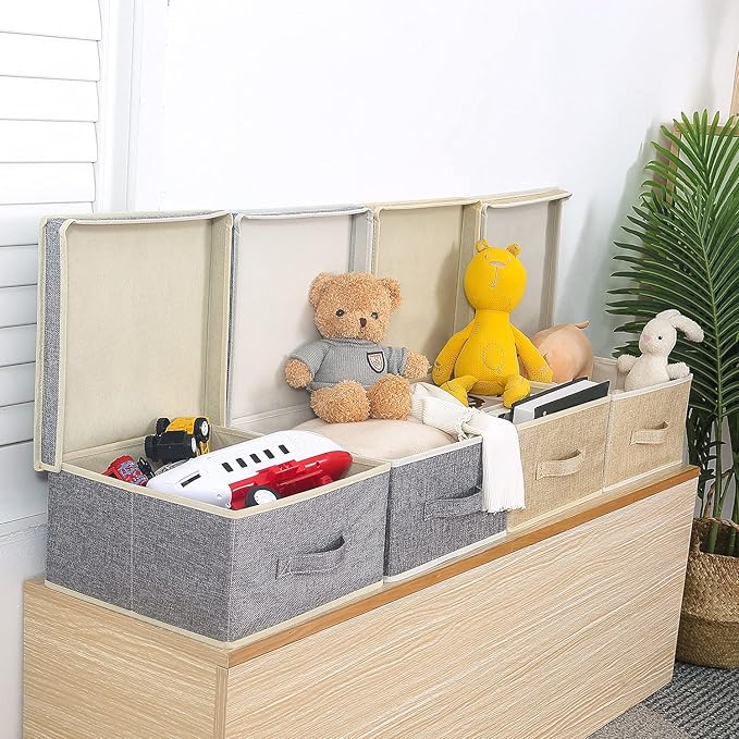 Storage Bins with Lid, Foldable Clothing Storage Box case with Handle for Closet, Bedroom, Home, Gray+Apricot, 13L x 12.5W x 