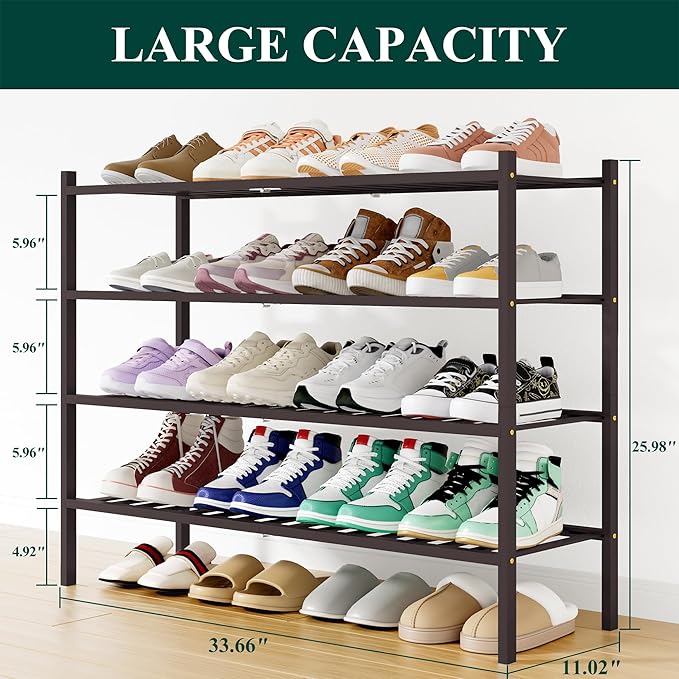 Smiry Shoe Rack, 4 Tier Long Bamboo Shoe Organizer, Stackable Free Standing Wooden Shoe Storage Shelf for Closet, Entryway, F