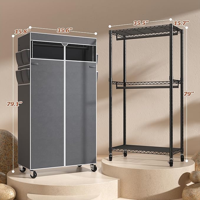 Raybee Rolling Clothes Rack with Cover Clothing Racks for Hanging Clothes Heavy Duty Portable Closet with Wheels Garment Rack