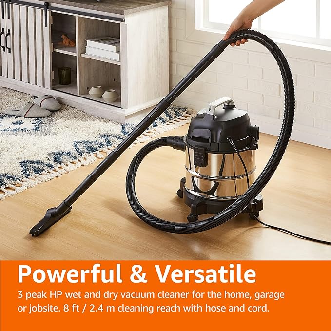 Amazon Basics Wet Dry Shop Vacuum Cleaner, 4 Gallon, 3 HP Stainless Steel, Grey/Black