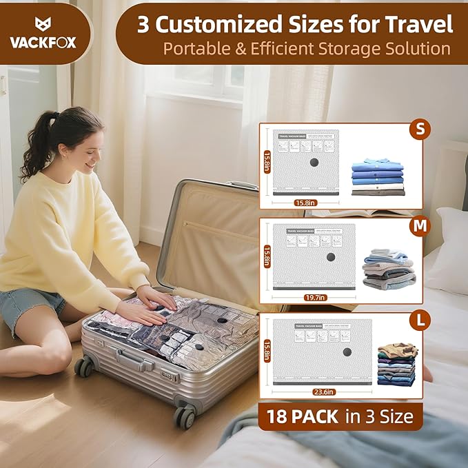 18 Pack Travel Vacuum Bags for Clothing with Electric Pump,Vacuum Travel Bags,Compression Packing Cubes for Luggage,Carry-on 