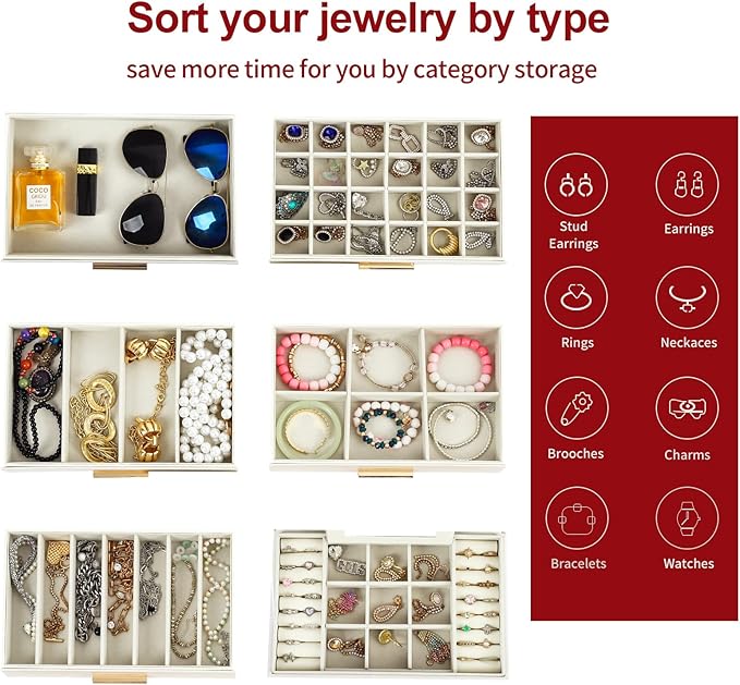 BOOVO Jewelry Boxes for Women, White and Black 6 Layer Large Jewelry Box for Necklace, Bracelet, Earrings, Rings Storage, Jew
