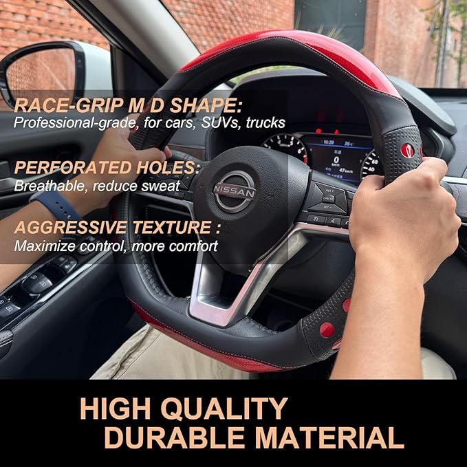 PINCTROT D Shaped Race Grip Steering Wheel Cover, Anti Slip Silicone Perforated Design with Soft Touch Padding, Enhanced Grip for Sporty Driving Flat Bottom 14.5-15 Inch (Racing Red)