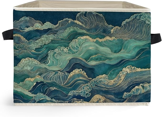 Abstract Waves Japanese Storage Box Bins, Blue and Green Oriental Japandi Collapsible Storage Basket Organizer for Bedroom La