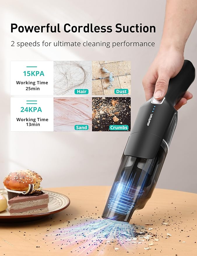 Aspiron Cordless Handheld Vacuum, 24KPA Powerful Car Vacuum, 2-Speed, 2 Charging Methods, Wireless Charger, Ergonomic Handle,