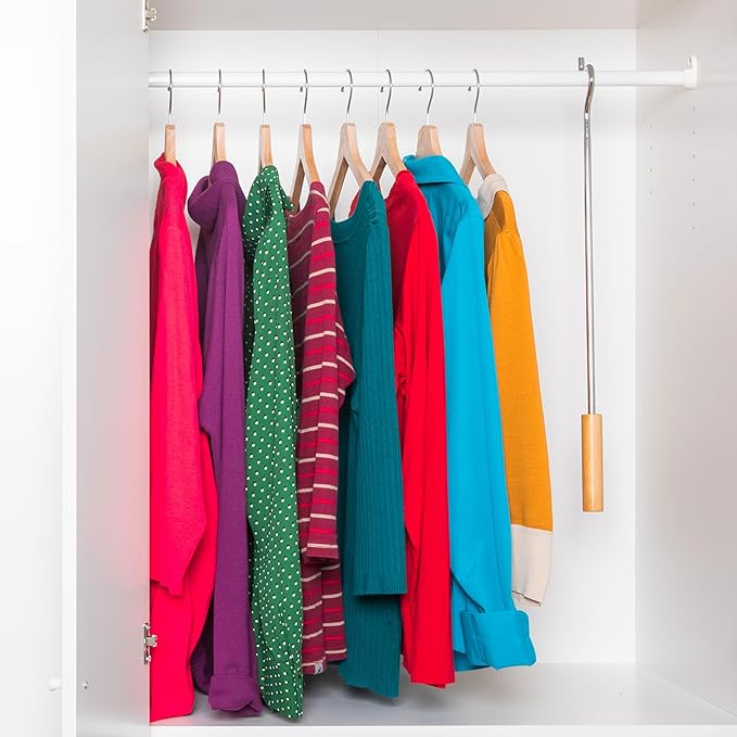 Closet Reacher Pole with Hook and Wooden Handle, Heavy Duty - Adjustable 2.75-5 Feet, Chrome Plated Steel Clothing Hanger She