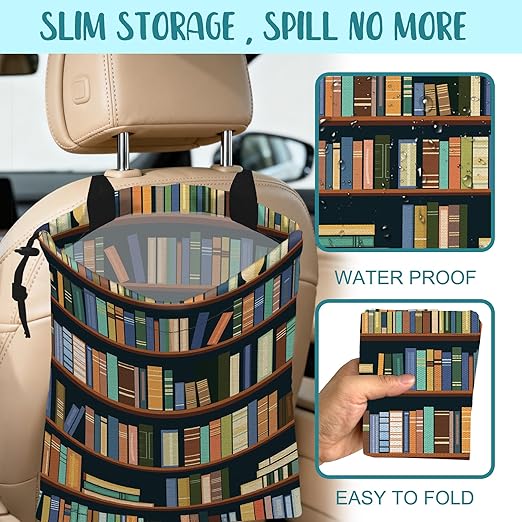 Car Trash Bag Books on Shelves Leak-Proof Car Garbage Bag with Drawstring Foldable Canvas Trash Bin with Adjustable Buckle for Car Accessories