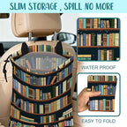 Car Trash Bag Books on Shelves Leak-Proof Car Garbage Bag with Drawstring Foldable Canvas Trash Bin with Adjustable Buckle for Car Accessories