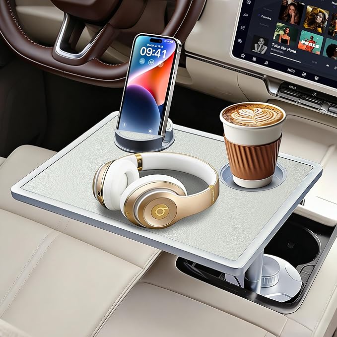 Car Food Tray & Car Table Tray with Car-Grade Aluminum Cup Holder & Phone Stand, Premium Wood with Leather Surface, 360° Rotating Car Desk for Laptop &Eating (Square, White)