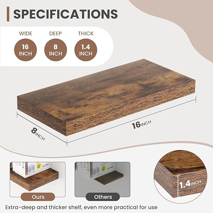 16 Inch Floating Shelves, 8 Inch Deep Floating Shelves for Wall, Hanging Shelf with Invisible Brackets, Deep Shelves for Bath