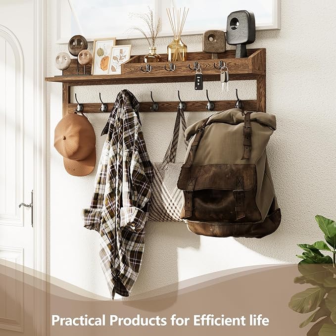AMBIRD Coat Rack Wall Mount, 35 inch Large Wall Hooks with Shelf, Entryway Shelf with 7 Dual Coat Hooks 4 Key Hooks Mail Orga