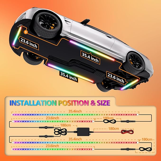 Underglow LED Lights for Cars 180 LEDs RGBI Neon Accent Strip Lights with 16 Million Colors DIY & Music Mode Underbody Exterior Lights Kit for RV SUV Truck Boat 12V