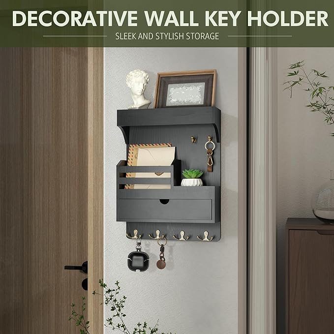 Rebee Vision Modern Key Holder Wall Mount with Drawer Organizer - Pine Wood Mail and Key Organizer with 6 Keys Hooks and Floa