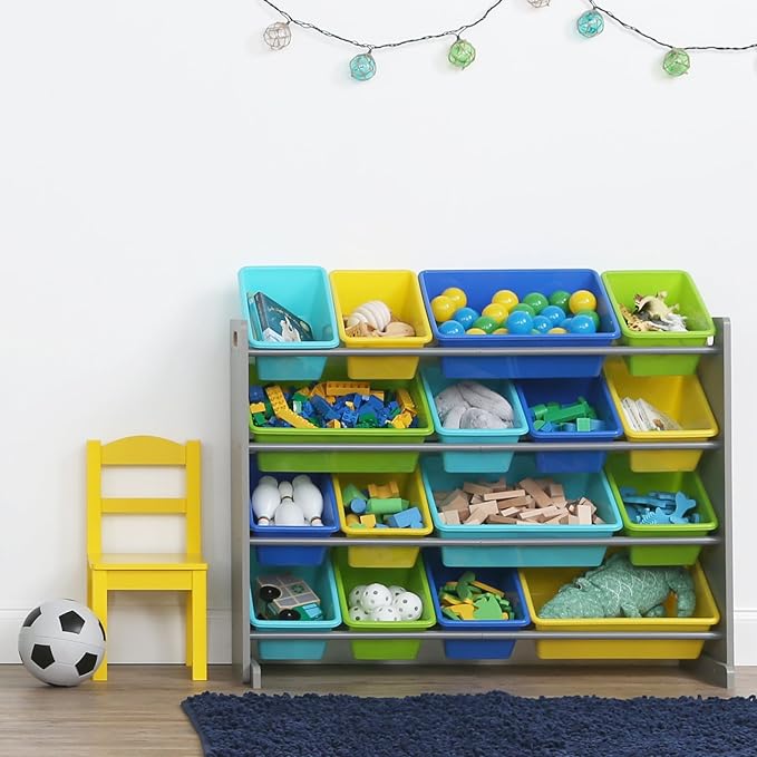 Humble Crew Supersized Toy Storage Organizer with 16 Removable Bins, Grey/Blue/Green/Yellow – Large Toy Storage for Toddlers 