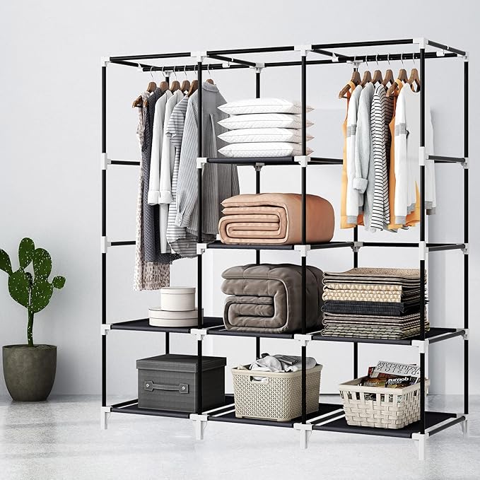 Portable Closet, 51 Inch Wardrobe Closet for Hanging Clothes with 2 Hanging Rods, 8 Storage Organizer Shelves for Bedroom, Du