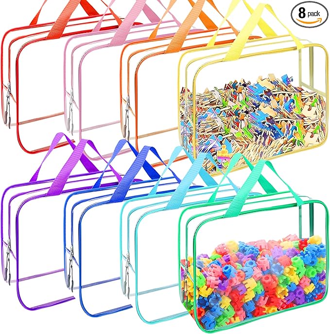8 Packs 8 Colors Large Toy Storage Bags, Reusable Clear PVC Board Game Storage, Toy Organizers and Storage Bags with Zipper f
