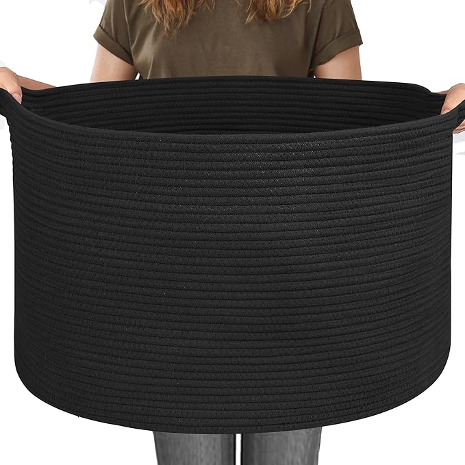 MEGASKET 115L Super Large Black Blanket Basket, 23.6"x15.7" Woven Rope Bin for Storage, Oversized Kids Dog Toy Storage Box Bi